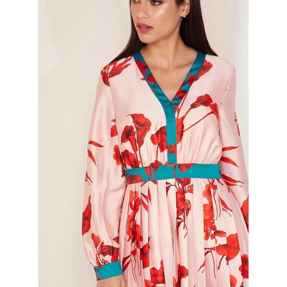 Ted Baker Karolyn Fantasia Floral Pleated Midi Dress Pink Red Teal Size 2 - Picture 3 of 13